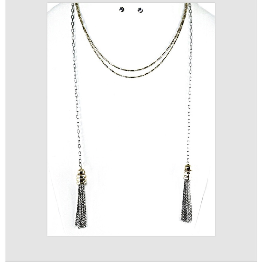 Necklace Earrings Silver Gold Tassel Multi Layered Crystal 19.5-22.5" Long Women